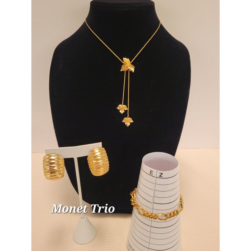 Monet Trio Gold-Tone Jewelry Set: Necklace Bracelet & Hoop Earrings